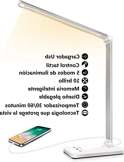 Lámpara Escritorio LED, Flexo de Escritorio (Cuidado Ocular, Puerto USB, 5 Modos,10 Niveles de Brillo,Temporizador de 30/60min, Función de Memoria)