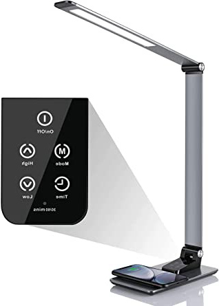 Deckey Lámpara Escritorio LED,Lámpara de Mesa 12W, 5 Temperaturas de Color y 6 Niveles de Brillo, Temporizador 30/60mins,Cargador Inalámbrico, Puerto USB,Función de memoria,Control Táctil,Negro