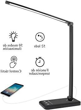 AUELEK Lámpara Escritorio LED, Lámparas de Mesa USB Recargable con Temporizador 52 SMD Leds, 5 * 10 Modos de Brillo, 2000mAh Flexo Escritorio Luz con Diseño Giratorio/Control Táctil (Negro)