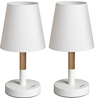 Tomons 2 x Lámpara de cabecera con pantalla en tela, Lámpara de escritorio en madera para dormitorio, sala de estar - Blanco
