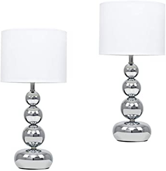 Minisun - Set de 2 Lámparas de Mesa Táctiles Modernas Cromadas – Base de Esferas Apiladas con Pantalla Blanca – Iluminación Interior