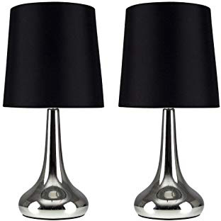 MiniSun - Set de 2 Lámparas de Mesa Táctiles - Forma de Gota – Cromadas y Pantallas de Tela Negra - Iluminación interior - Mesilla de noche
