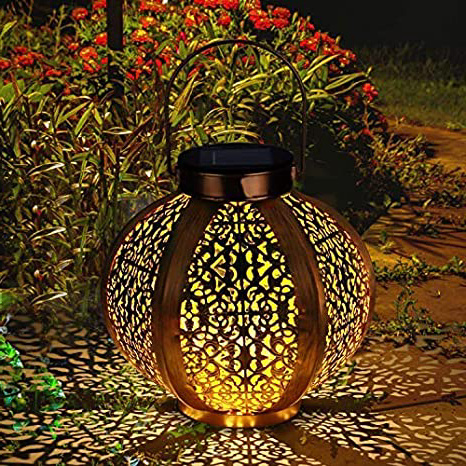 Farol Solar GolWof Solar Lantern Outdoor LED Luz Colgante Lámpara de Metal de Luces de Jardín Lámpara Hexagonal - Dorado