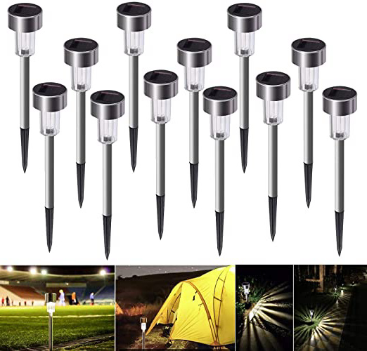 Luces Solares Jardín LED Bawoo 12PCS IP65 Jardín Lámpara de Camino de Paisaje Iluminación de Exterior Impermeable Luce de Solare Acero Inoxidable Blanco Para Patio Césped Pasillo Terraza Sin Cables