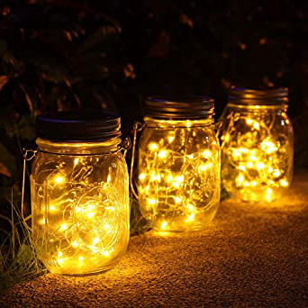 lámparas Solares Exterior,Juego de 3 Luz Solar Jardín, 30 LED Impermeable Solar Masón Luz Hada Jardín Luz Solar para Decoración Jardín Fiesta Balcón Navidad vacaciones bodas (Color cálido)