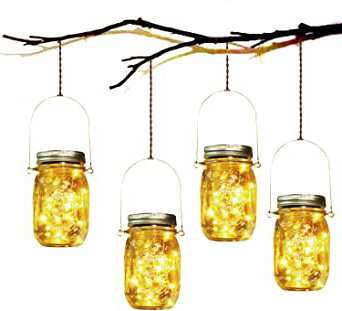 Lámpara de Decoración Solar - 4 Piezes Lámpara Solar Mason Jar Set Lámpara Ahorro de Energía e Impermeable para Jardín Interiores/Exteriores Festival y Decoración de Fiesta Bodas