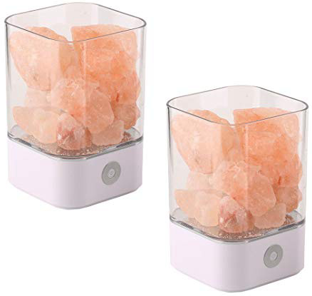 NUZAMAS Juego de 2 lámparas de sal 5W Cristal rosa del Himalaya natural Terapéutica Roca Mineral pequeño 12V Luz USB Dormitorio, oficina, exterior, camping,varios colores (blanco cuadrado)