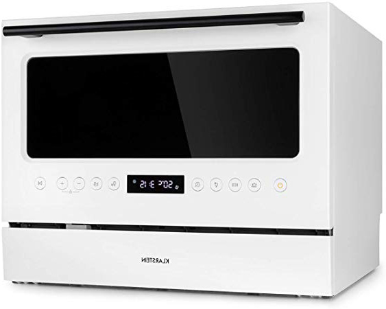 Klarstein Azuria Lavavajillas de mesa, Eficiencia energética A+, consumo de agua: 6,5 litros, 6 programas de lavado, autolimpieza, 49 dB, diseño de puerta con cristal frontal negro, blanco