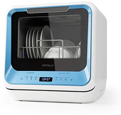 Klarstein Amazonia Mini - Lavavajillas, Máquina lavaplatos, 6 programas incluyendo eco, Necesita 5 litros de agua, Pantalla LED, Táctil, Azul