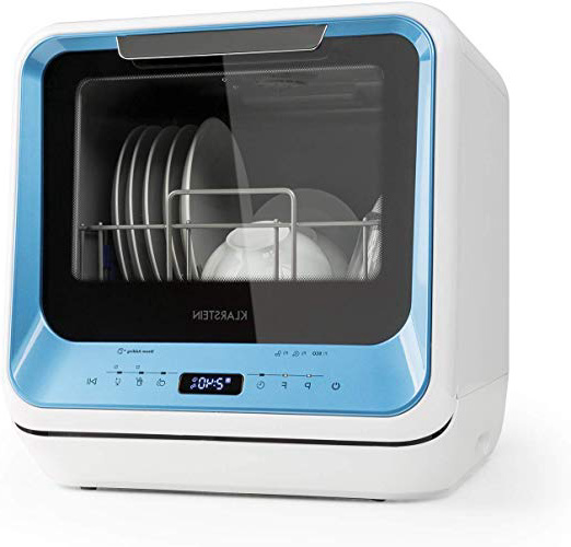 Klarstein Amazonia Mini - Lavavajillas, Máquina lavaplatos, 6 programas incluyendo eco, Necesita 5 litros de agua, Pantalla LED, Táctil, Azul