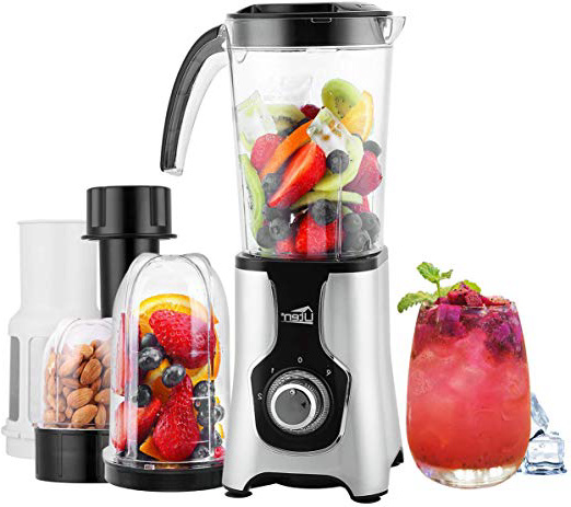 Uten Batidoras Multifuncional, Máquina de Batidos de Elétrica de Acero Inocidable,Picadora, Exprimidor, Batidora de Frutas y Verduras 4 en 1 con Botellas, (220W, 22,000 RPM/Minutos)