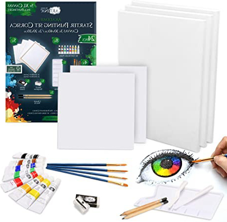 Artina Juego de pintura acrílica y lienzos de 24 piezas Corsica - Set de pintura acrílica con accesorios 5x lienzos, 8x pinturas acrílicas, pinceles, espátula para pintar y set de dibujo