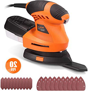 TACKLIFE Lijadora Eléctrica 200W, Placa de Base de Lijado Giratoria de 360°, 12000RPM Multifuncional Lijadora con Caja de Recolección de Polvo, Lijas de 10 Piezas 140X100mm, Máquina de Lijadora PMS02A