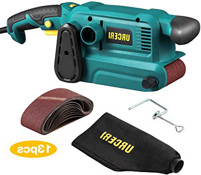 URCERI 800W Lijadora de banda, 6 velocidades entre 375-713RPM, 13 Lijas 76x457mm, Con bolsa colectora de polvo, Botón de bloqueo, actuado como lijadora de banco