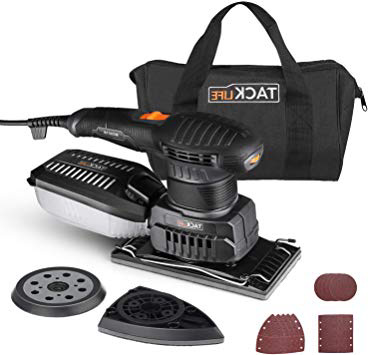 TACKLIFE Lijadora Multifuncional, 3 en 1 Lijadora Eléctrica Mouse Orbital con 15 Papeles de Lija, 6 Velocidades Variables 7000-12000RPM, Sistema de Recolección de Polvo Eficiente para Bricolaje MDS01B