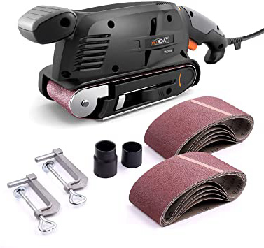 TACKLIFE Lijadora de Banda, 600W Lijadora Eléctrica, 13 Lijas 75x457mm, 6 Velocidad 360-560RPM, 2 Adaptadores de Aspirador 32/35mm, Motor de Cobre Puro, Cable de 3 Metros, Botón de Bloqueo PSFS1A