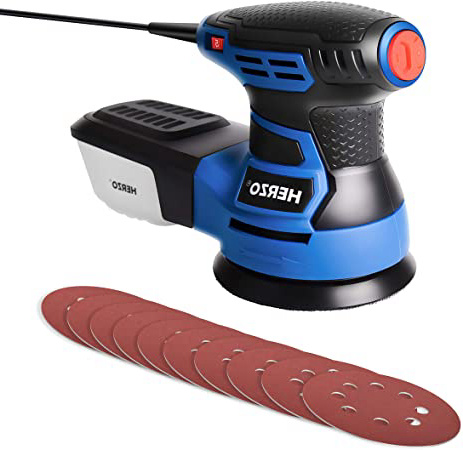 HERZO Lijadora Excéntrica 350W 6 Velocidad Ajustable, Lijadora con 13000 RPM Motor, 10 PCS Papeles de Lija de 125mm con Caja de Recogida