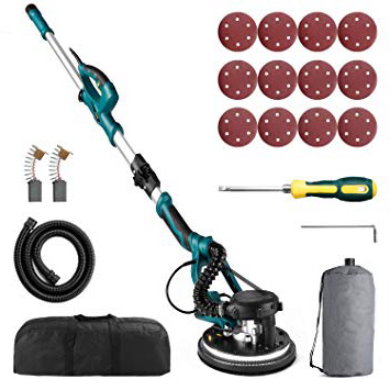 URCERI Lijadora de Pared 800W(7.0A), 800-1800 RPM, 12 discos de lijado, 5 velocidades, Sistema de Autolimpieza, Cabezal giratorio de 225 mm,Base de lijado desmontable, Asta plegable, Luces LED
