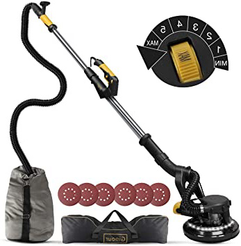 Lijadora de Pared, Ginour 1800RPM 4.5m Cable 7 Velocidades Ajustables, Ø 225 mm Luz LED Lijadora de Techo, Autolimpieza, Pulidora de Pared con 6 Lijas, Palanca Ajustable, Interrutor de Bloqueo