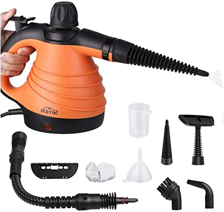 SIMBR Limpiador a Vapor de Mano Vaporeta Portátil y Manual de Alta Presión, 1050W con Tanque de 350ml y 9 Accesorios para Cocina, Baño, Alfonbra, Ropa, Cortina y Otros.