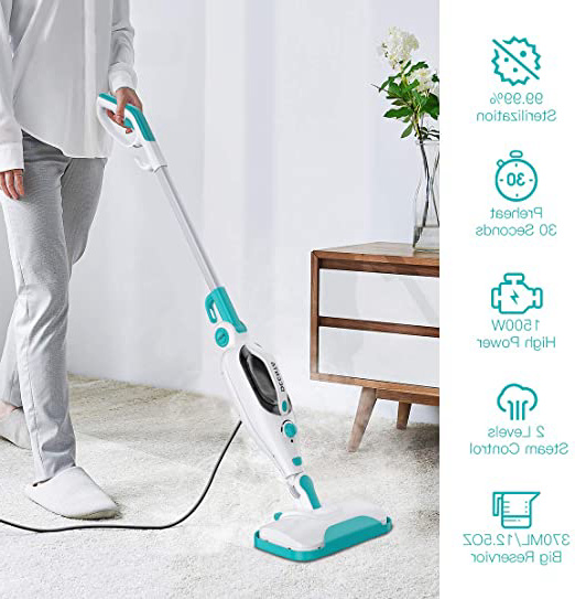 Dcenta 12 en 1 Mopa Vapor,2 Modos Limpiador a Vapor,1500W Vaporeta para Sofas,Trapeador de Vapor Rotación de 360 °,Asa Extraíble,Tanque de Agua 370ML,Puede Limpiar Todo Tipo de Suelos Duros