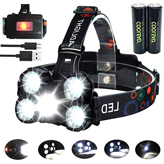 Linterna frontal LED Recargable de Trabajo, 8000 Lúmenes, 4 Modos de Luz con Flash, Zoom in/out, Ligera Elástica, Impermeable para Ciclismo, Correr, Deportes Nocturnos...