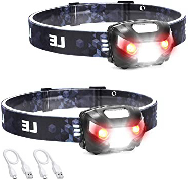 Lighting EVER Linterna Frontal USB Recargable, 5 Modos de Luz, con Luz Roja, Ligera Elástica, para Ciclismo, Running, Correr, Deporte Nocturno, Pack de 2