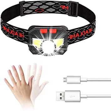 Linterna Frontal Recargable, 8 Modos Impermeable Frontal LED con Sensor de Movimiento, Indicador de Bateria, 6000K 350LM Linterna Cabeza, Luz Frontal para Camping, Excursión, Pesca, Carrera, Ciclismo