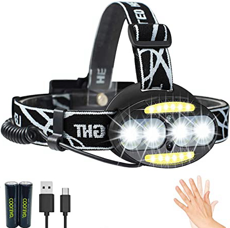 Linterna frontal LED Recargable de Trabajo, con Sensor, Sólo 130g, 8000 Lúmenes, 7 Modos de Luz con Flash, Ligera Elástica, Impermeable para Ciclismo, Correr, Deportes Nocturnos...