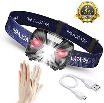 Linterna Frontal LED USB Recargable 1200mAh, Linterna Cabeza 8 Modos Sensor de movimiento, Linternas LED alta Potencia 6000K 300LM IPX4 Impermeable para Camping, Excursión, Pesca, Carrera, Ciclismo