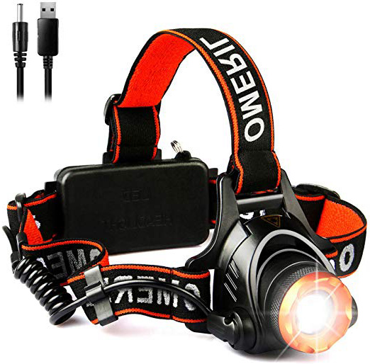 OMERIL Linterna Frontal LED, Linterna Cabeza USB Recargable con 2 Baterías - 4000mAh, Zoomable y Ajustable Luz Frontal con 3 Modos, Frontal LED para Camping, Excursión, Pesca, Caza, Ciclismo - IPX4