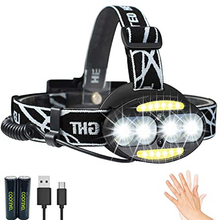 Linterna frontal LED Recargable de Trabajo, con Sensor, Sólo 130g, 8000 Lúmenes, 7 Modos de Luz con Flash, Ligera Elástica, Impermeable para Ciclismo, Correr, Deportes Nocturnos...