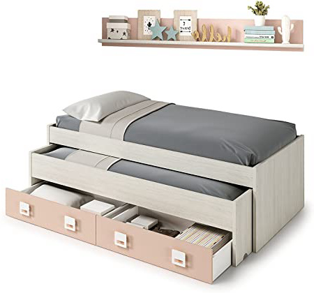 Habitdesign 0M7449Y - Cama Doble + 2 cajones y un Estante, Acabado en Blanco Alpes y Rosa Pastel, Medidas: 199 cm (Largo) x 96 cm (Ancho) x 69 cm (Alto)