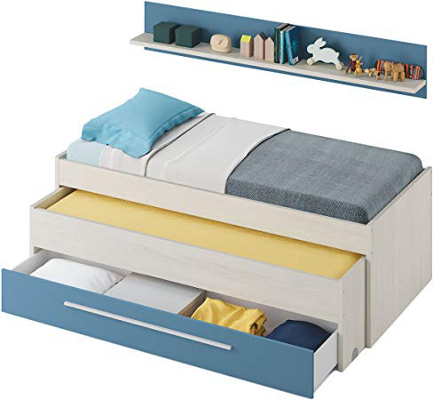 Habitdesign 0A7438Y - Cama Nido Juvenil Dos Camas y un cajón, Color Blanco Alpes y Azul, Medidas: 200 cm (Ancho) x 69 cm (Alto) x 96 cm (Fondo)