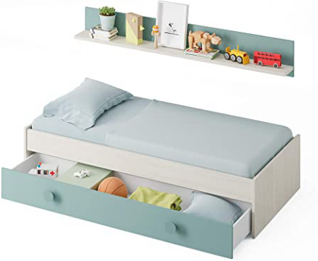 Habitdesign 0J7447Y - Cama Nido Juvenil, 2 Camas + Estante, Color Blanco Alpes y Verde Acqua, Medidas: 200 cm (Largo) x 98 cm (Ancho) x 43 cm (Alto)