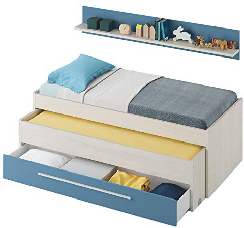 Habitdesign 0A7438Y - Cama Nido Juvenil Dos Camas y un cajón, Color Blanco Alpes y Azul, Medidas: 200 cm (Ancho) x 69 cm (Alto) x 96 cm (Fondo)