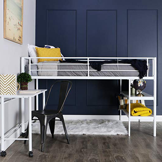 We Muebles Twin Loft Cama con Escritorio y estantes, Negro, Metal, Blanco, Cama Individual