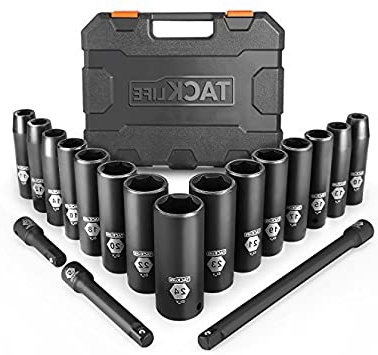 TACKLIFE Juego de Llaves de Vaso de Impacto Profundo de 1/2 de Pulgada Profesionales, 18 Piezas, Vaso de Impacto, Máximo 6 Puntos torque, de Cromo Vanadio Adecuado, para Maquinaria Grande - HIS1A