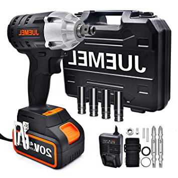 Llave de Impacto - JUEMEL 20V Atornillador Impacto ( 320Nm / 4,0Ah Batería de Litio / 12,7mm & 6,35mm Mandril / 2 Velocidades / Brushless ) con 14 Accesorios Incluye Caja de Herramientas, Cargador