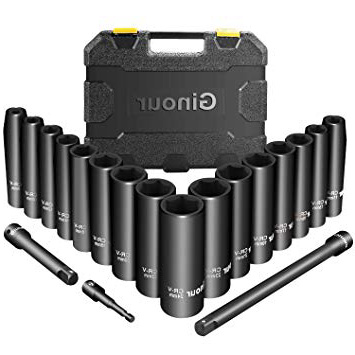 Vaso de Impacto, Ginour, 1/2 de Pulgada Profesio, Zócalo de 6 puntosnales, 19 Piezas, 2 Barras de Extensión, Juego de Llaves de Vaso de Impacto, 1 Adaptador para Maquinaria Grande