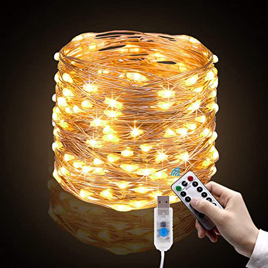 Cadena de Luces, 10m 100 LEDs Guirnalda de Luces con 8 Modos, Blanco Cálido con Control Remoto y USB para Decoración de Jardines Fiesta de Navidad y Boda.