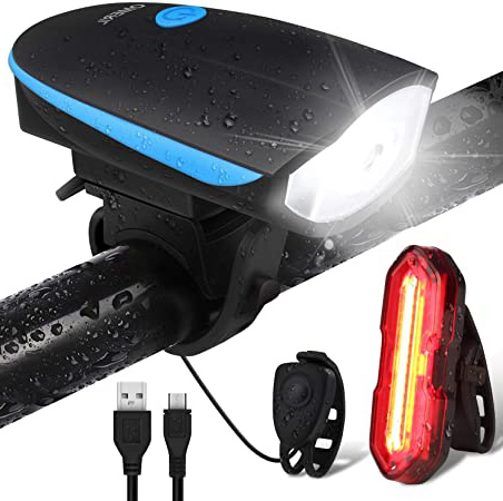 OMERIL Luz Bicicleta Recargable USB, Linterna Bicicleta Impermeable con Luz Bicicleta Delantera, Campana y Luz Trasera Bicicleta, Luz LED Bicicleta para Carretera y Montaña - Seguridad para la Noche