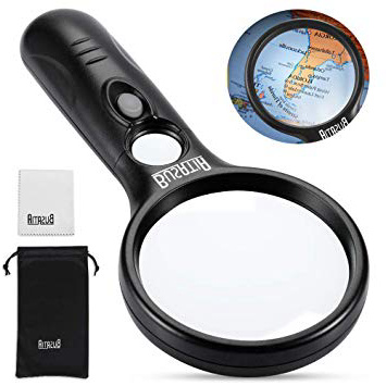 Lupa con Luz BUSATIA - 3 Lupas con Luz LED 3X 45X, Lupa de Mano Portátil para Lectura Observación Afición y Manualidades - Con Paño de Lente y Bolsa de Almacenamiento