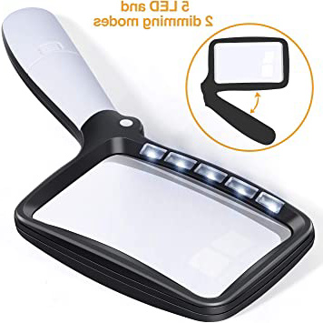 Kaome Lupa rectangular con lupa de luz, grande, plegable, de mano, 5 LED, 2 modos de atenuación, 2 modos de lectura para personas mayores, libros de baja visión, periódicos y mapas de joyería