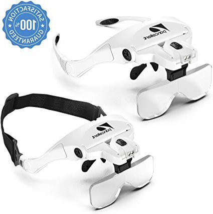 Gafas Lupa de 2 Luces LED Lupa de Cabeza con 5 Lentes Intercambiables de Gran Aumento y 9 Pinzas de Precisión para Coser, Relojero, Reparaciones, Soldadura, Móvil, Artesanía