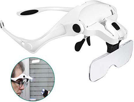 Lupa con Luz Led - Rightwell Gafas Lupa de Aumento con Luz para Modelismo,Reparaciones,Coser,Soldadura,Eliminar Piojos,Pegar Piezas Pequeñas,Joyería y Relojería - 5 Lentes Intercambiables,1X-3.5X
