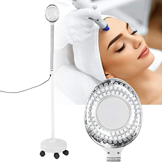 Lámpara Lupa LED, 5X Lámpara de Pie Soporte de Luz Fría Luz LED Lupa Iluminada Lente de Cristal Óptico Ajustable para Tatuaje de Injerto Pestañas Belleza, Ayuda de Lectura con Ruedas(EU)