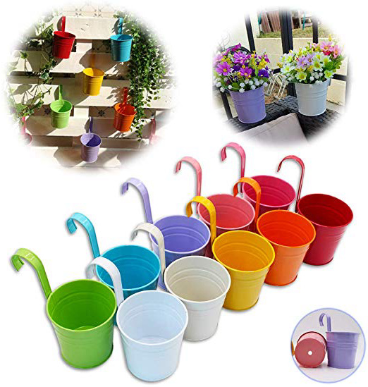 GIOVARA Maceta de Metal Colgante Florero con Soporte Extraíble para Balcón Jardín Patio Cubo Macetero Plantador con Orificio de Drenaje (10 macetas Surtido de 10 Colores)