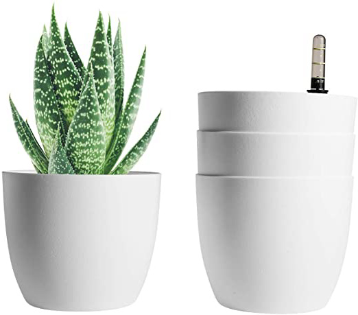 T4U Auto Riego Plantador Blanco 15CM Ronda Paquete de 4, Planta Maceta Cajas para Interiores Al Aire Libre Jardines de Windowsill Idea Regalo para Cumpleaños y Boda y Navidad