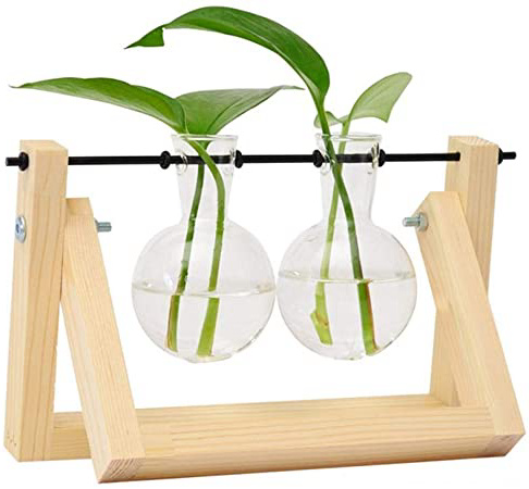 belupai jarrón de bulbos de Plantas con Soporte de Madera Maciza Retro y Soporte de Varilla giratoria de Metal para Plantas hidropónicas Jardinera de Escritorio de Vidrio para